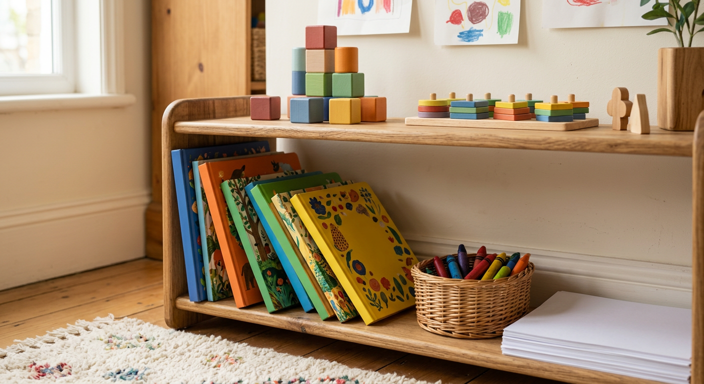 Colourful wooden stacking toys and picture books in a child-friendly learning corner